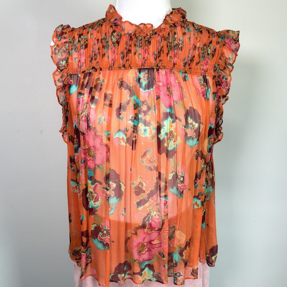 Ulla Johnson Silk Floral Ruffle High Neck Tunic Top 4 Orange Boho Chiffon Sheer